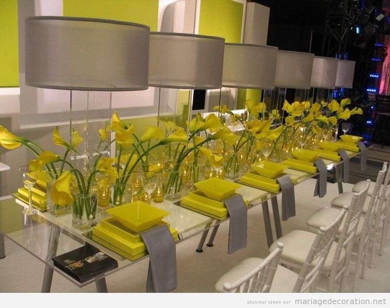 Décoration table mariage, moderne, jaune et gris