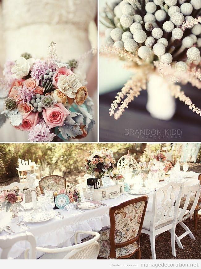 Idees pour décorer un mariage à plain air, fleurs style vintage