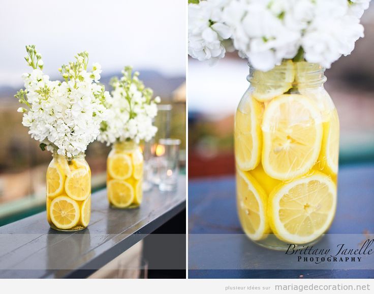 Idée décorer mariage pas cher: vase pleine de rondelles de citron